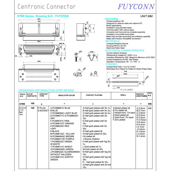 Amphenol 957 100Pin Centronic Female Connector PCB Right Angle 2.16mm pitch for PCB Board