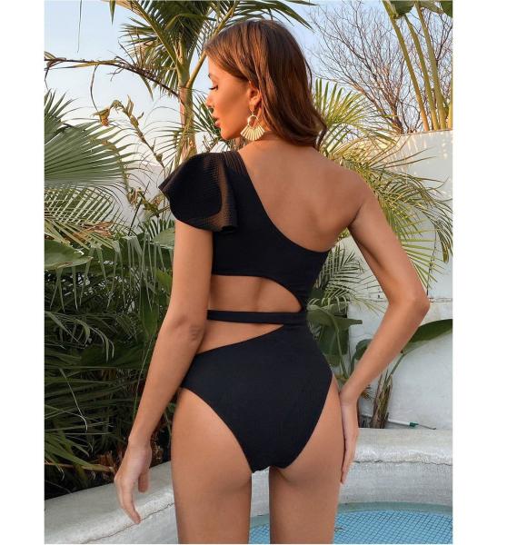 Black Ladies One-Piece Swimsuit Stitching Gauze High Waist Sexy Bikini Women'S