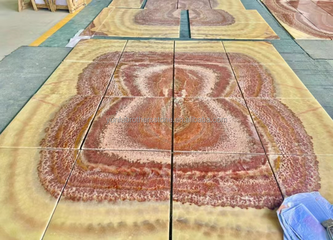 Backlit Red Onyx Marble Stone Book Matched Slab for Transparent Marble Table Pattern