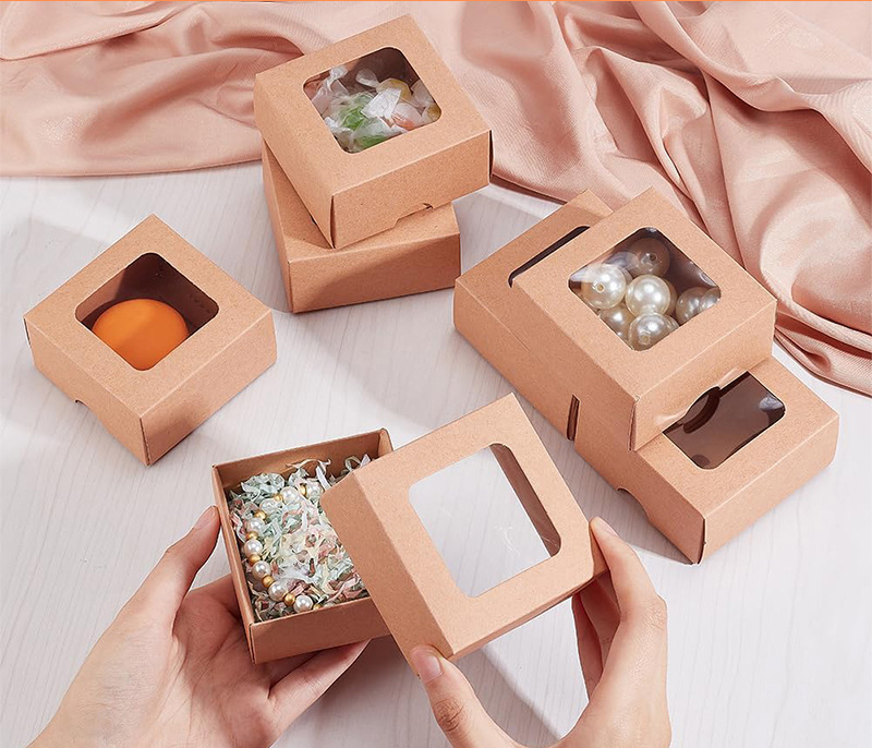 Custom Plated Logo Folding Packaging Brown Kraft Paper Box With Clear Window