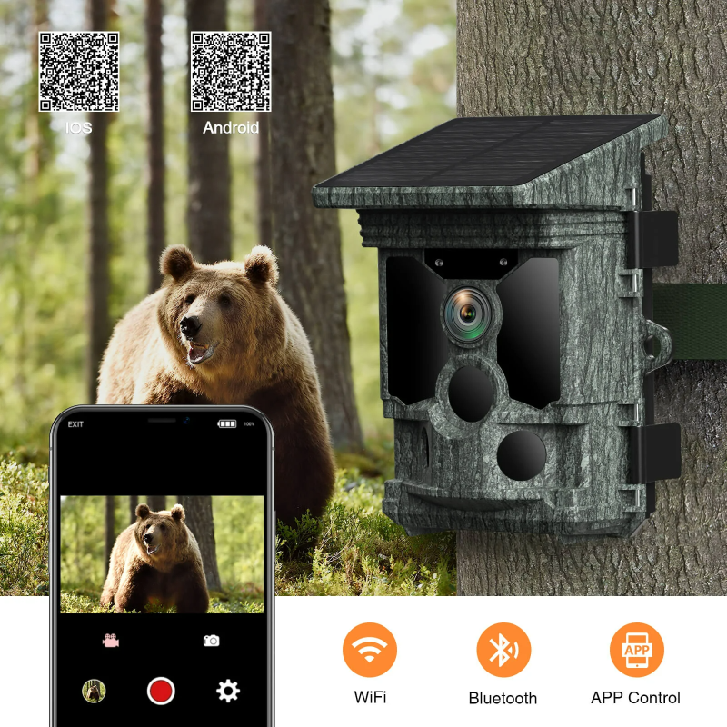4K 112MP WIFI Night Vision Wild Game Trail Camera Solar Powered Camera Traps for Hunting