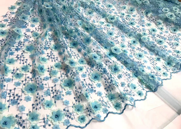 Colored Handmade 3D Flower Lace Fabric , Scalloped Embroidered Mesh Lace Fabric