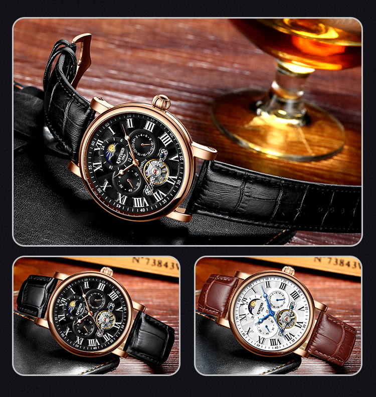 KINYUED wristwatches automatic men moon phase luminous tourbillon skeleton mechanical watch