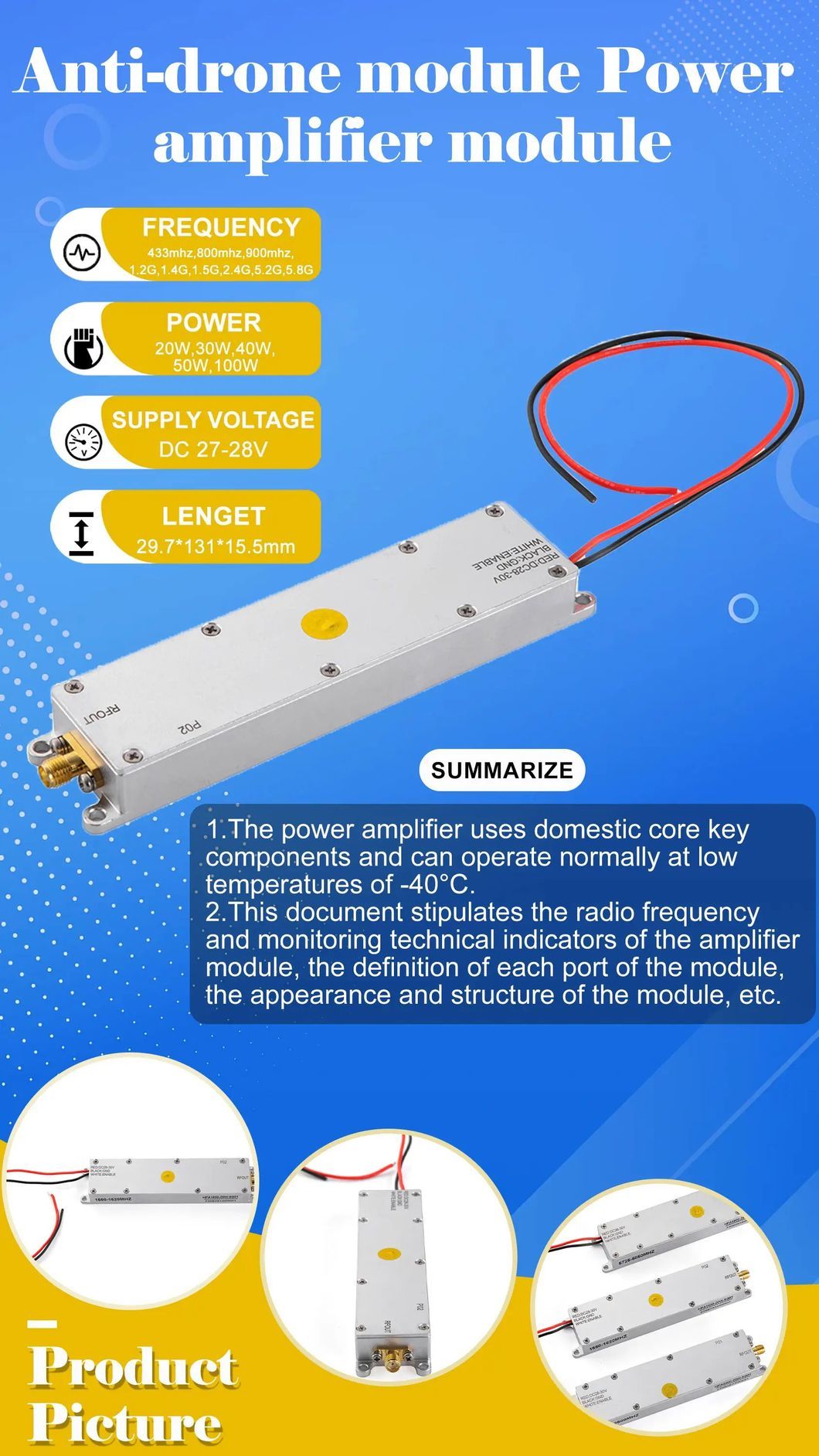 433MHz 20W GaN RF Power Amplifier Detect Module for Anti Drone System Autel Mavic 3 Counter Fpv C-Uas Djis Countermeasure