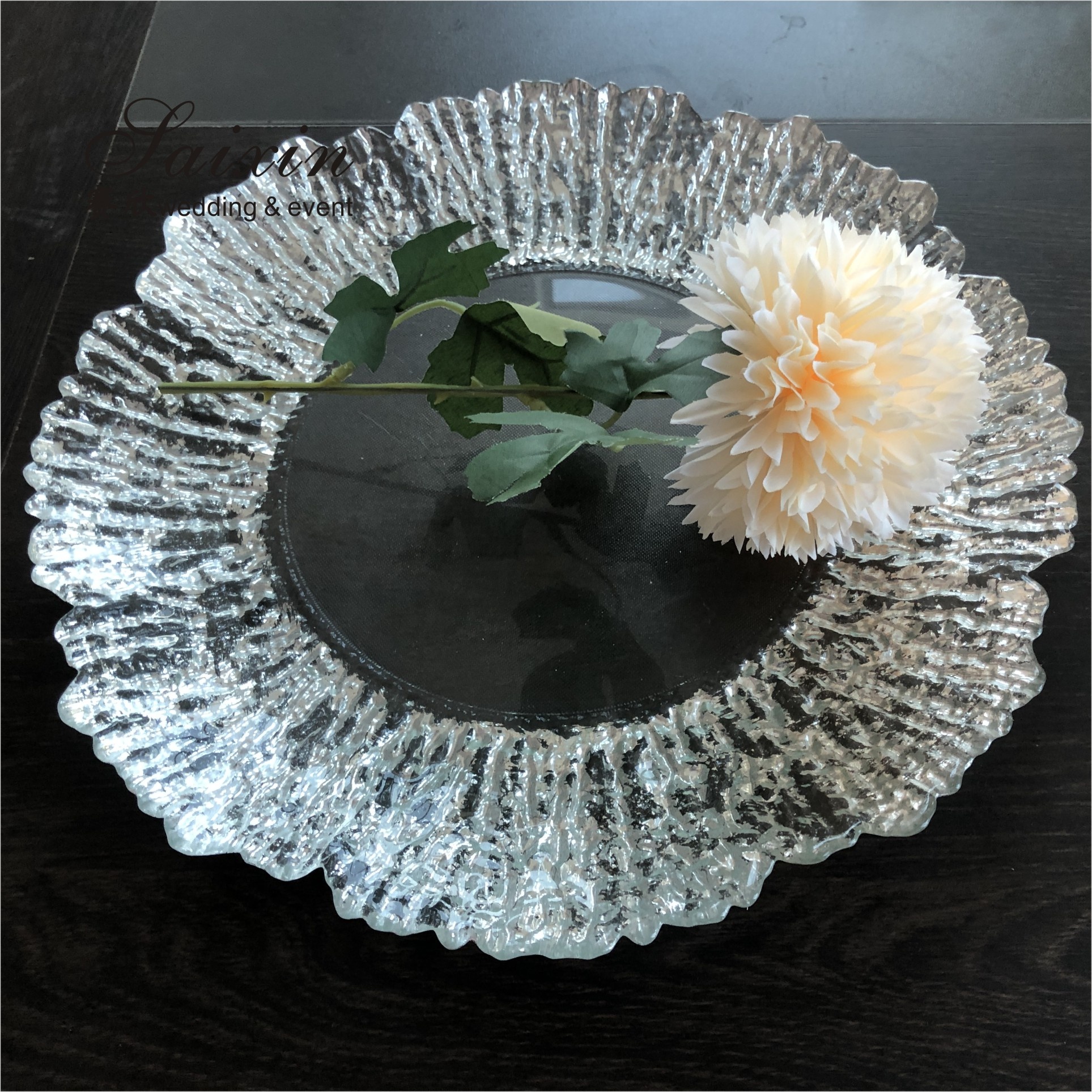 ZT-P056 Clear Silver Rim Decoration Glass Charger Plate For Home Wedding Decoration