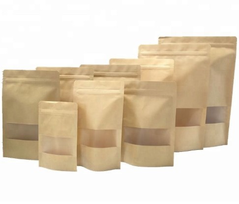 Reusable food pouch stand up zip lock kraft paper bags with window Manufacturer