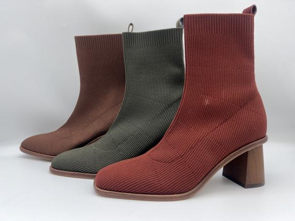 black soft knit with soft cow leather Womens Dress ankle Boots, real wood heel