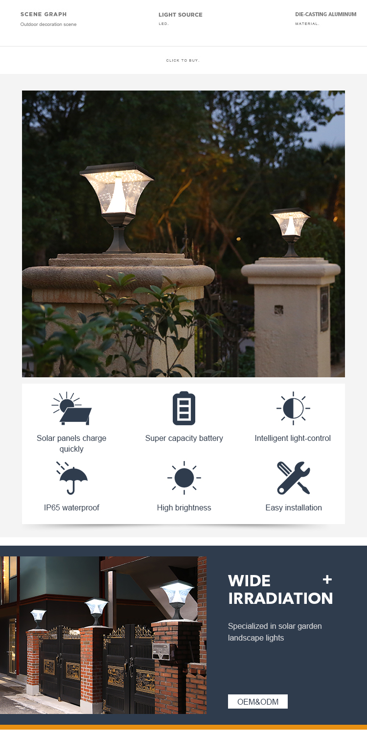 Intelligent Solar Pillar Light IP65 Water Resistant Multipurpose