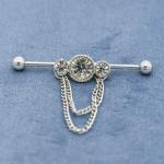 Clear Crystal Industrial Piercing Dangle Jewelry 14G 38mm Silver Color