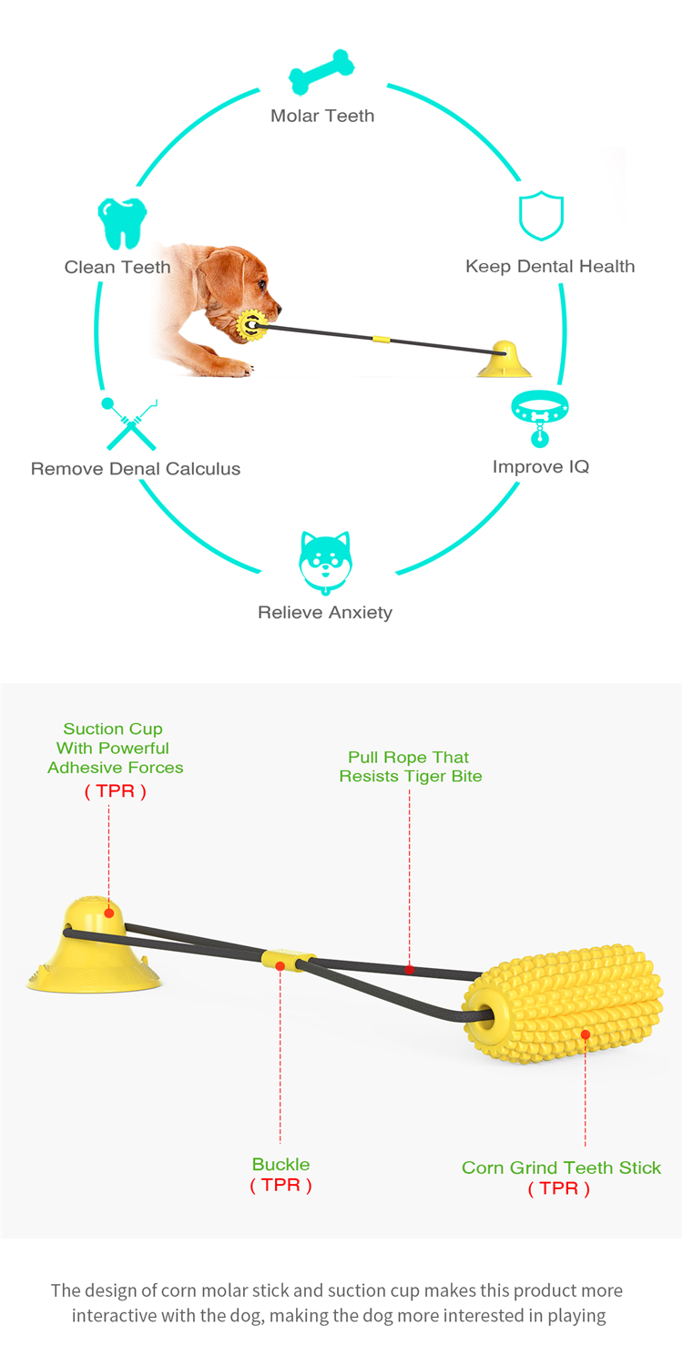 Durable Bite Resistant Dog Tug Pull Rope Toy Corn Suction Cup Puppy Toys Dogs Supplies Pet Molar Ball New Material Toothbrush