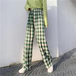 Plaid Loose Straight Leg Womens High Waisted Casual Pants