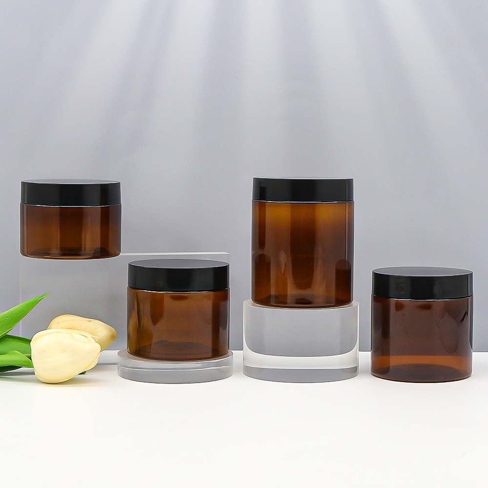 PET Food 100ml 150ml 250ml 300ml 16oz 32oz Amber Black PET Plastic Cosmetic Cream Jar with Aluminum Lid and Durable
