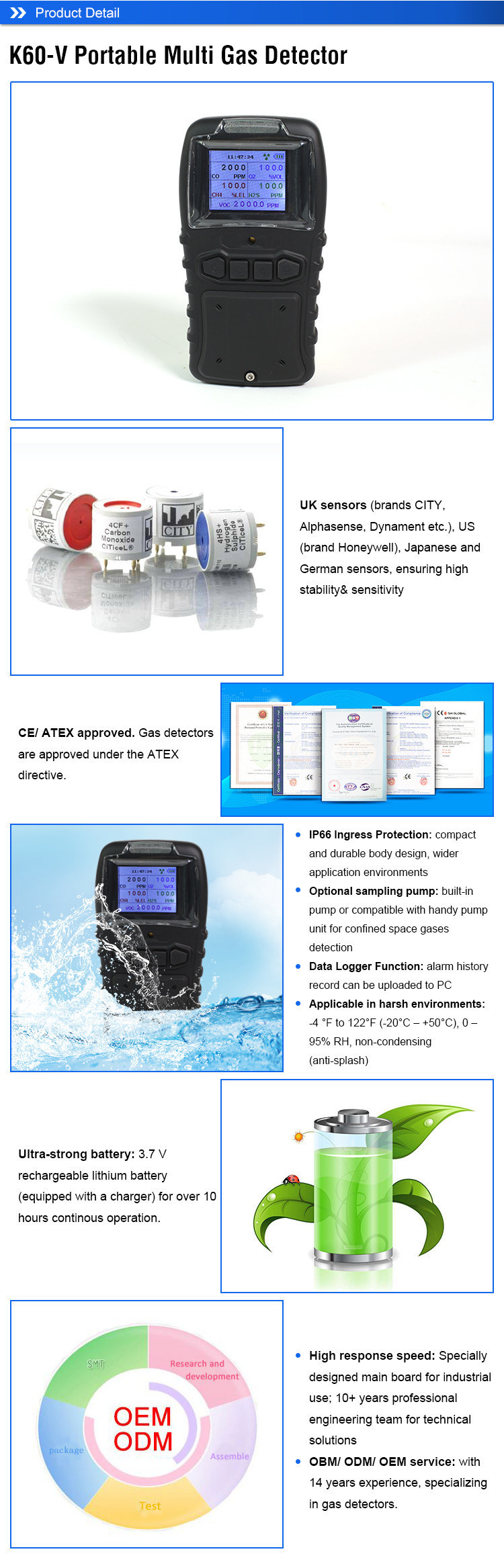 Portable Hydrogen Ammonia Methane No2 pH3 O2 Co H2s 4 Multi Gas Monitor Meter Tester Measurement Analyzer Detector
