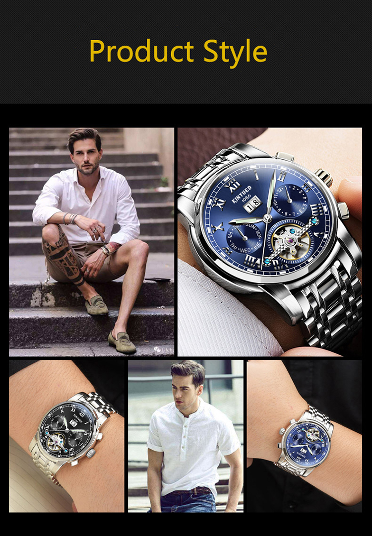 KINYUED High quality Tourbillon automatic mechanical movement stainless steel band waterproof Watch