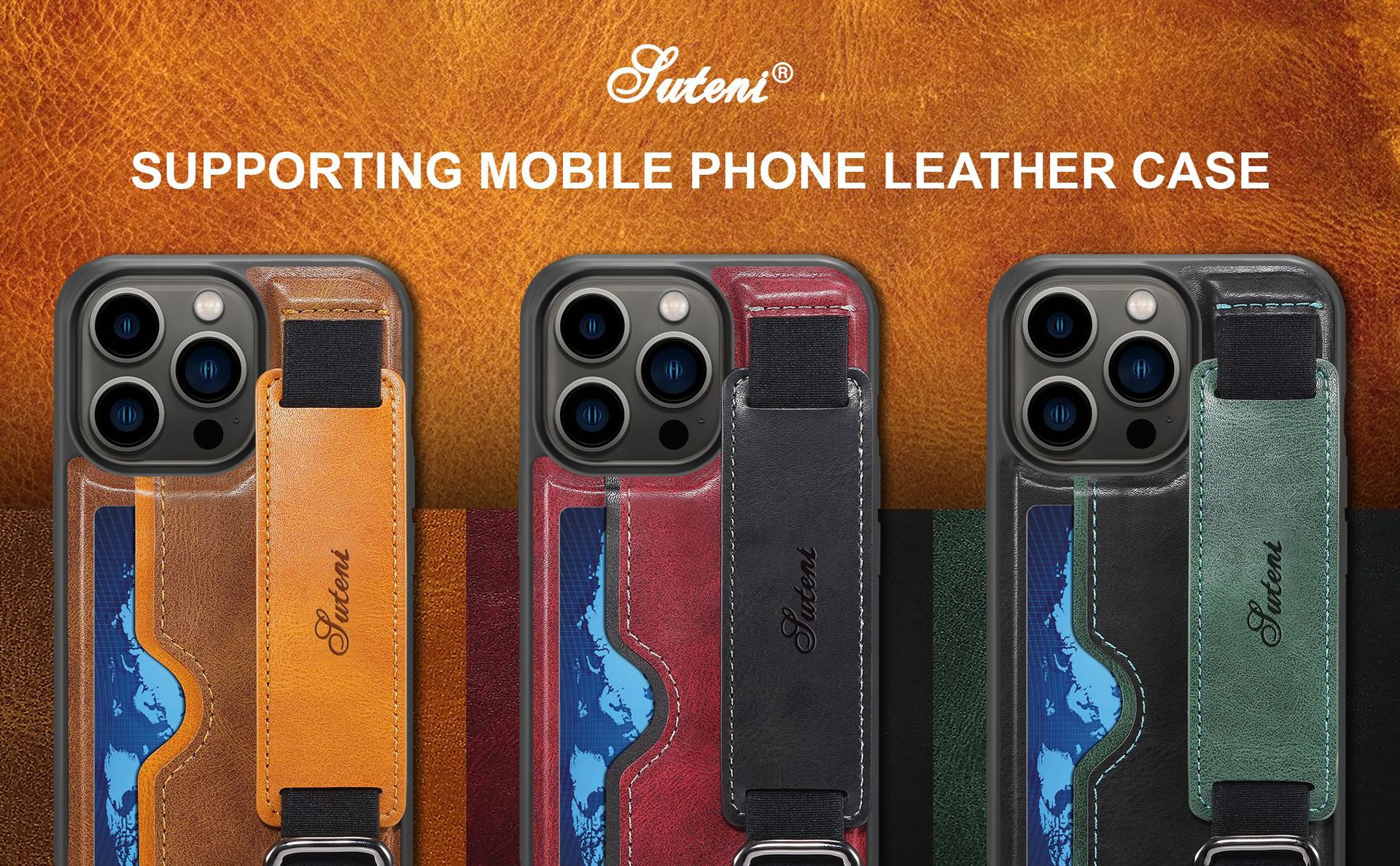 iPhone 14 Pro Max PU Leather Case with Wrist Strap Stand and Card Organizer in Red