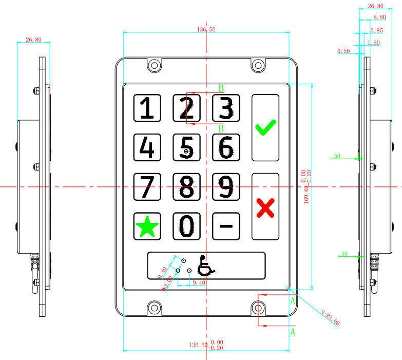 Panelmount Rugged Vandal-proof Waterproof 15 Flat Keys Door Access Control Numeric Keypad