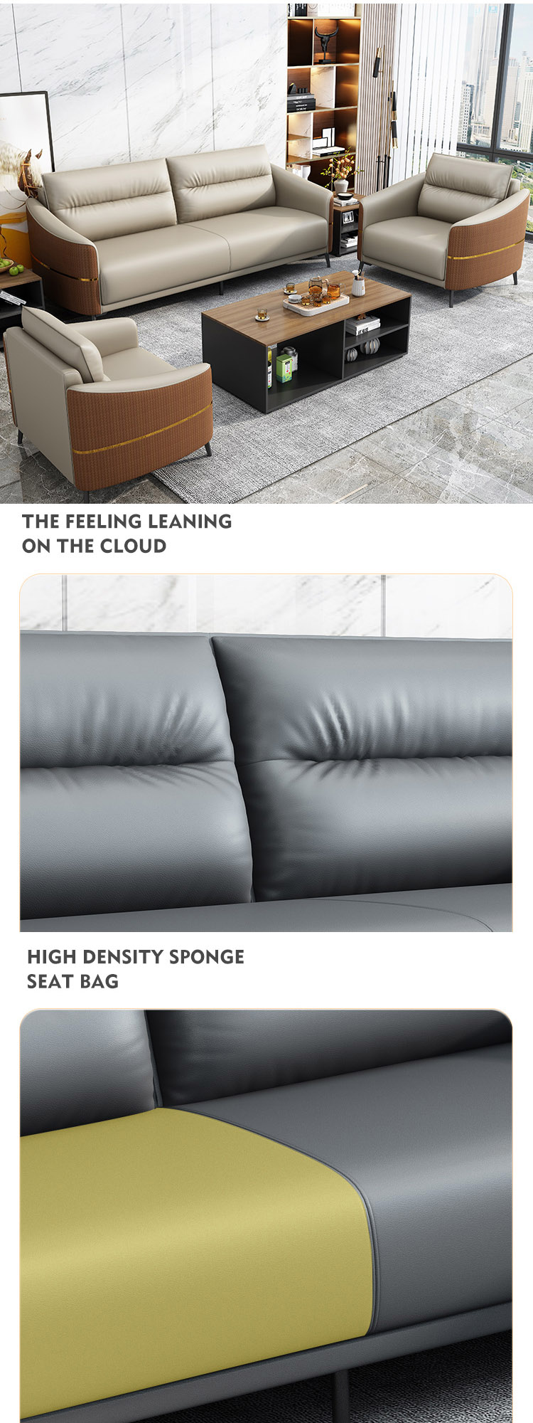 GENUINE Leather Modern Office Sofa Set Reception Sofa for Contemporary Office Talks