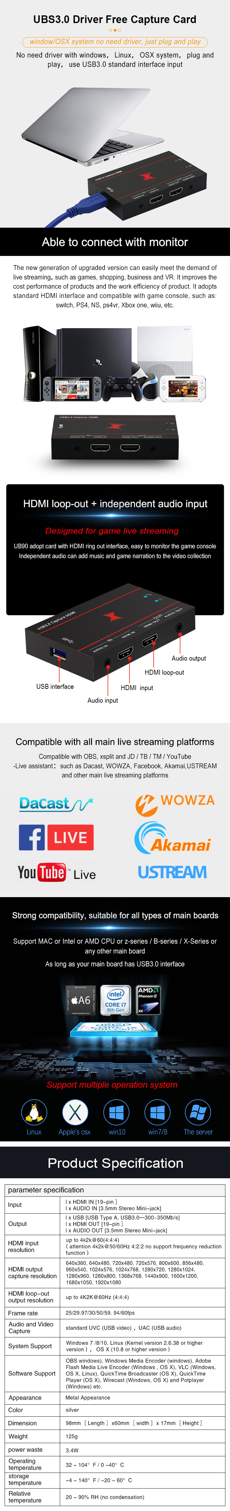 1920x1080 Resolution USB 3.0 Capture Card for 4K Live Streaming and Video Recording