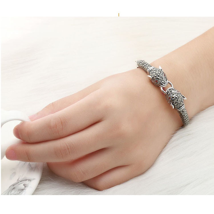 925 Sterling Silver Pave Marcasite Leopard Bangle Bracelet Vintage Jewelry for Women (B6041201)
