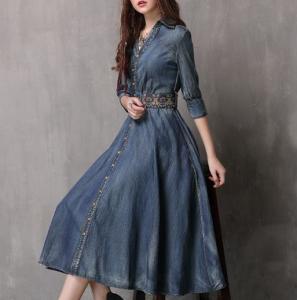 Wholesale Small Quantity Garment Manufacturer Women'S Denim Dress Half Sleeve Pocket With Embroidered Belt from china suppliers