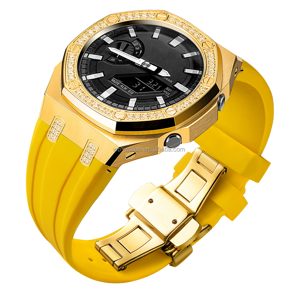 Casio Watch Modified Case Stainless Steel Diamond Watch Case And Silicone Strap Combo