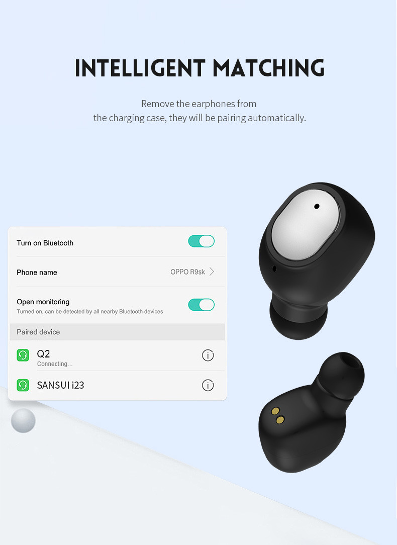 Q2 Blue tooth in-Ear Headset Earbud V5.0 Noise Cancelling Invisible Outdoor Sports TWS Earphone Headphone for Cell Phone