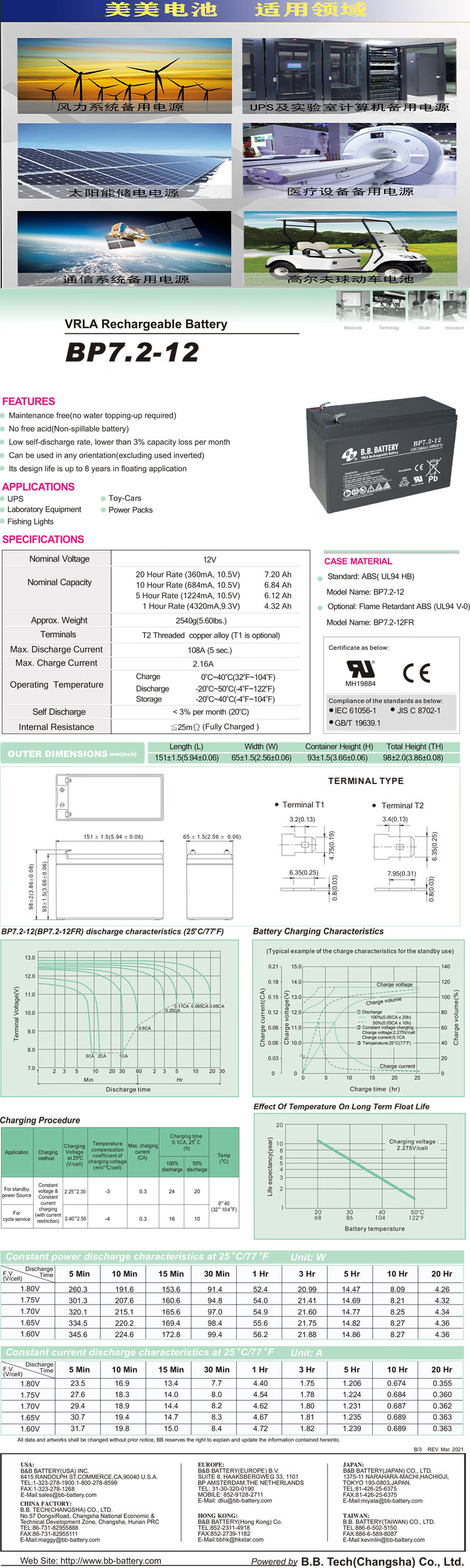 12V 7.2Ah Battery Sealed Lead Acid Battery B.B. Battery BP7.2-12 VDC