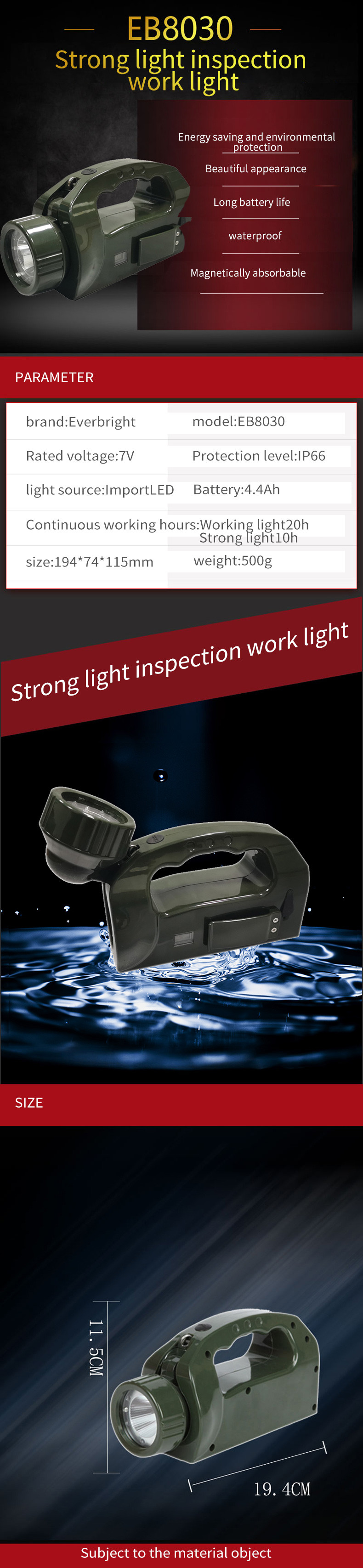 300m Distance 3.7V LED Rechargeable Flashlight Magnetically Absorbable