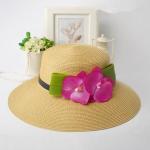 Middle Ribbon Women's Hats With UV Protection , Pink Flowers Straw Summer Hats