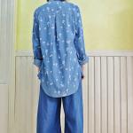 100% Cotton Chambray Long Sleeves Shirt , Loose Fit Blouses For Young Ladies