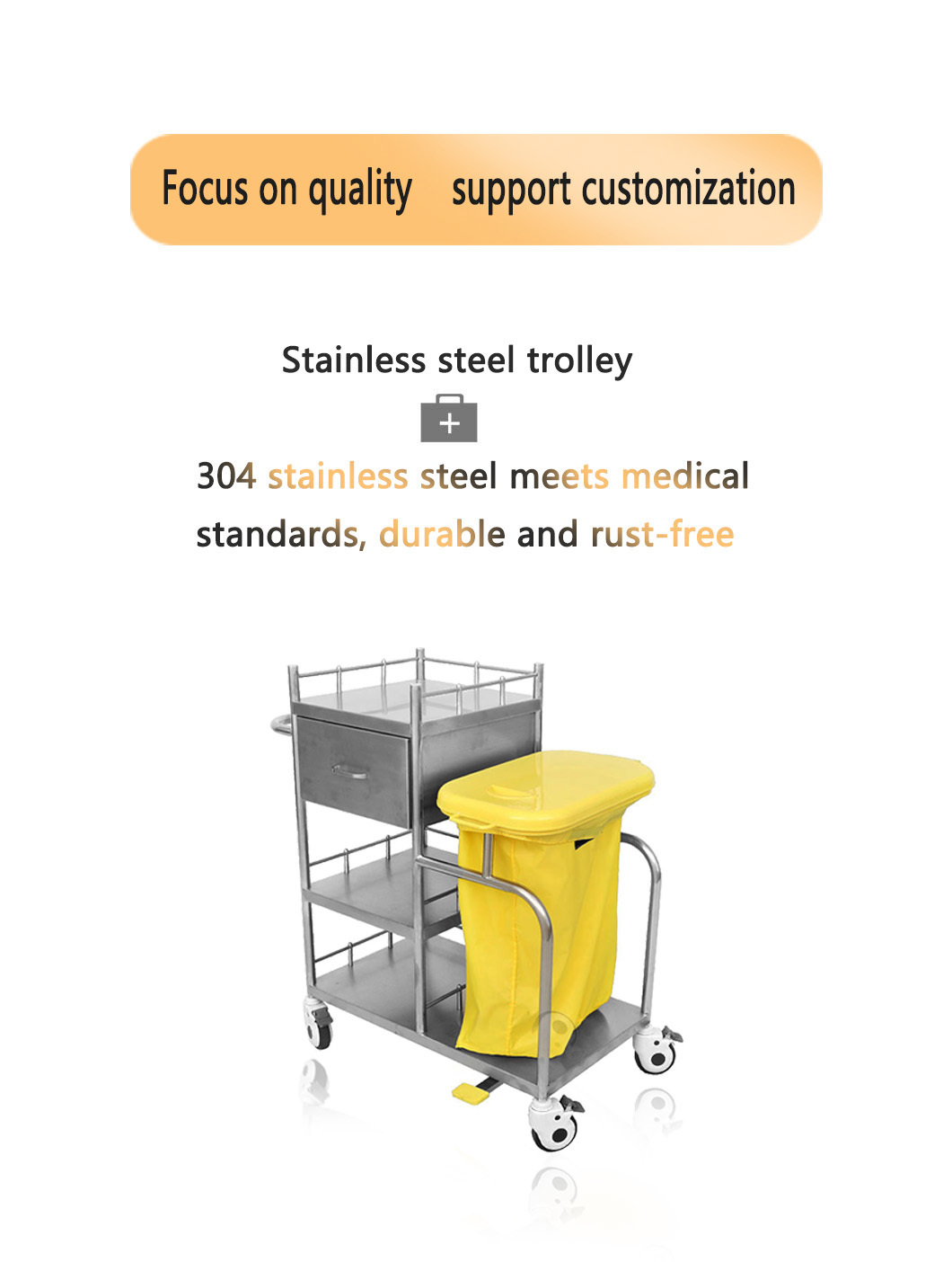 High Capacity Hospital Stainless Steel Trolley With Dirt Bag And Brake Casters Ss Dressing Trolley