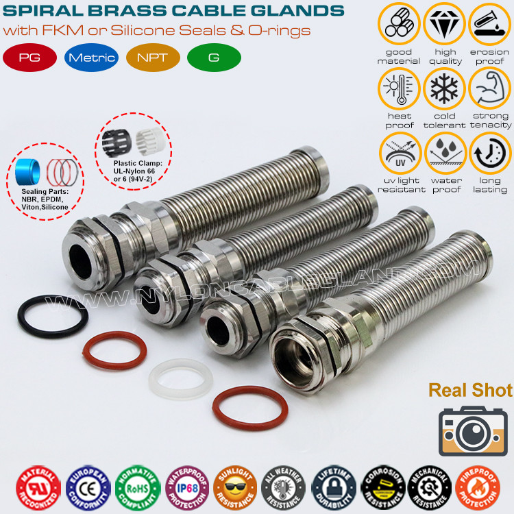M20 Metallic Flexible Cable Gland, Waterproof IP68 Brass Cable Gland Connector with Anti-flexure Guard for 6-12mm Wire
