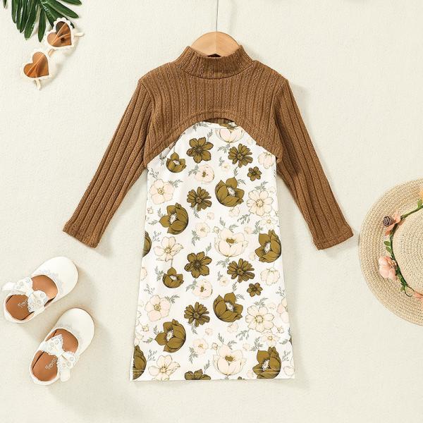 Spring Children'S Clothing Girls Long Sleeve Knitted Top Printed Skirt Two Piece