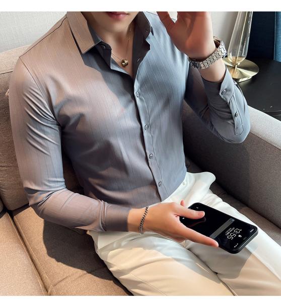 Casual Shirts Turn-down Collar Autumn Fabric Polo Cotton Long Sleeve Mens Slim