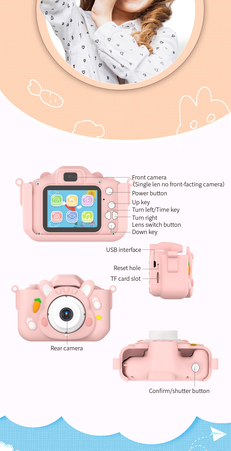 X11S Mini Dual Lens Kids Camera 1080P Bunny Cartoon Children Camera Adorable Toy Kids Selfie Digital Camera As Gift Prize