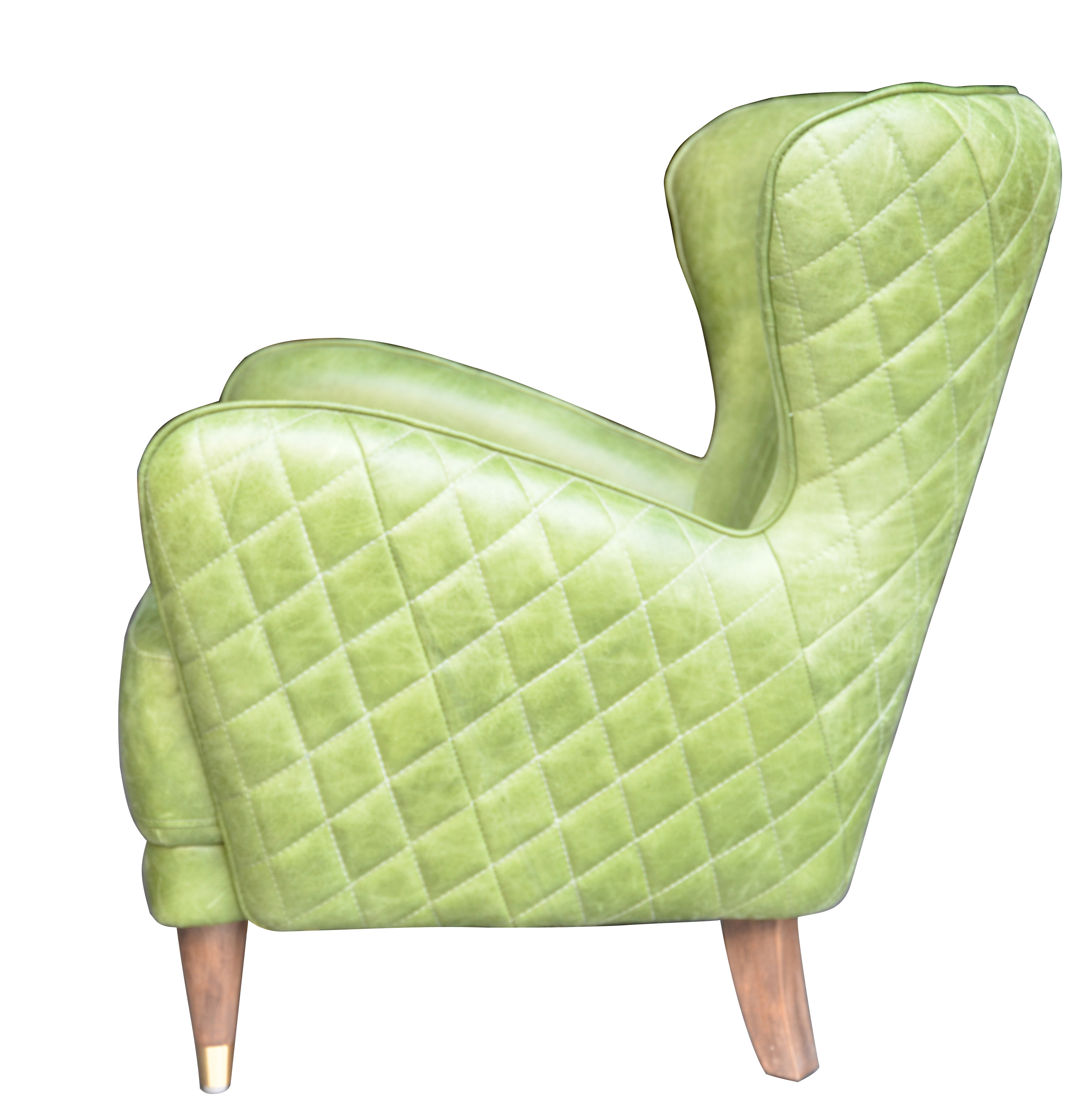 Diamond Stitched Vintage Green Leather Wingback Sofa With Wooden Leg