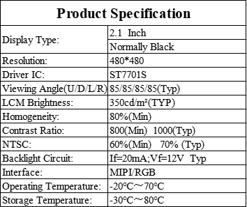 2.1 Inch Round LCD Display 480x480 Resolution 350cd/M2 Luminance High Clarity