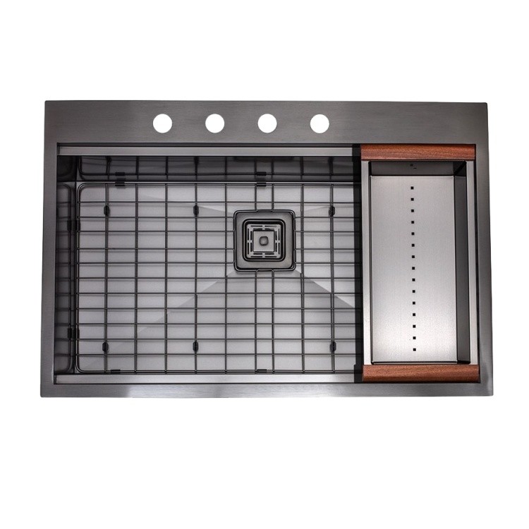 Sandblasted Brushed Black SS Kitchen Workstain Sink PVD Ledge With Cutting Board