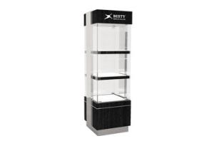 China Timber veneered MDF showcase featuring LED lighting and swinging front glass door on sale