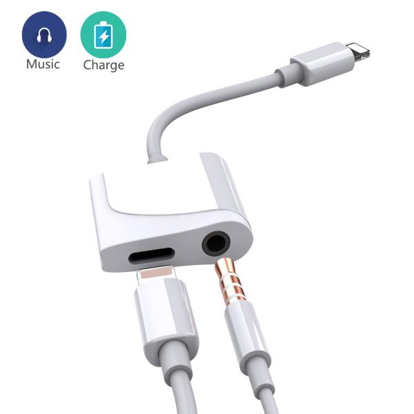 White Color Lightning To 3.5 MM Headphone Jack Adapter And Charger Splitter
