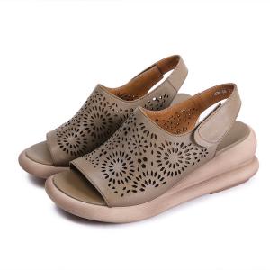 Wholesale S476 Leather Handmade Velcro Casual Women'S Sandals High Heel Retro Thick Bottom Ethnic Style Summer Women'S Shoes Proce from china suppliers