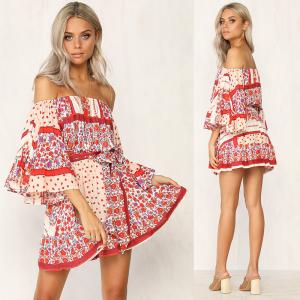 Wholesale Summer Dresses Women Boho Printed Off Shoulder Mini Dress from china suppliers