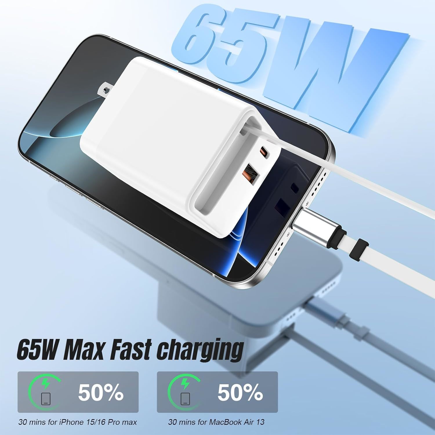 65W with 65cm Retractable Cable GaN Charger( USB-C + USB + Type C Cable) PD3.0 PPS QC4.0 Quick Travel Charger