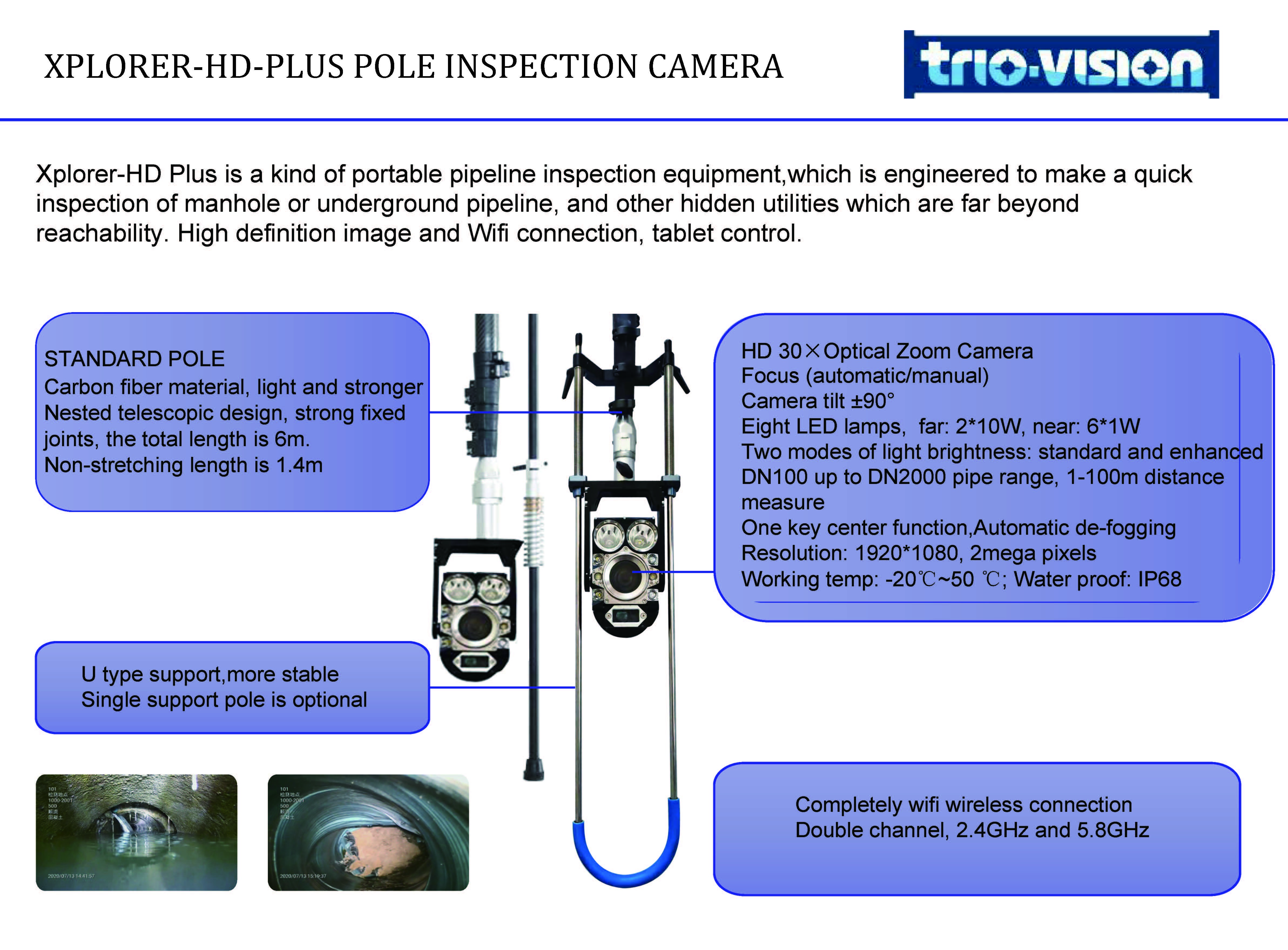 1920*1080P Wireless Pole Camera Auto Focus Sewer Drain Main Pipe Camera