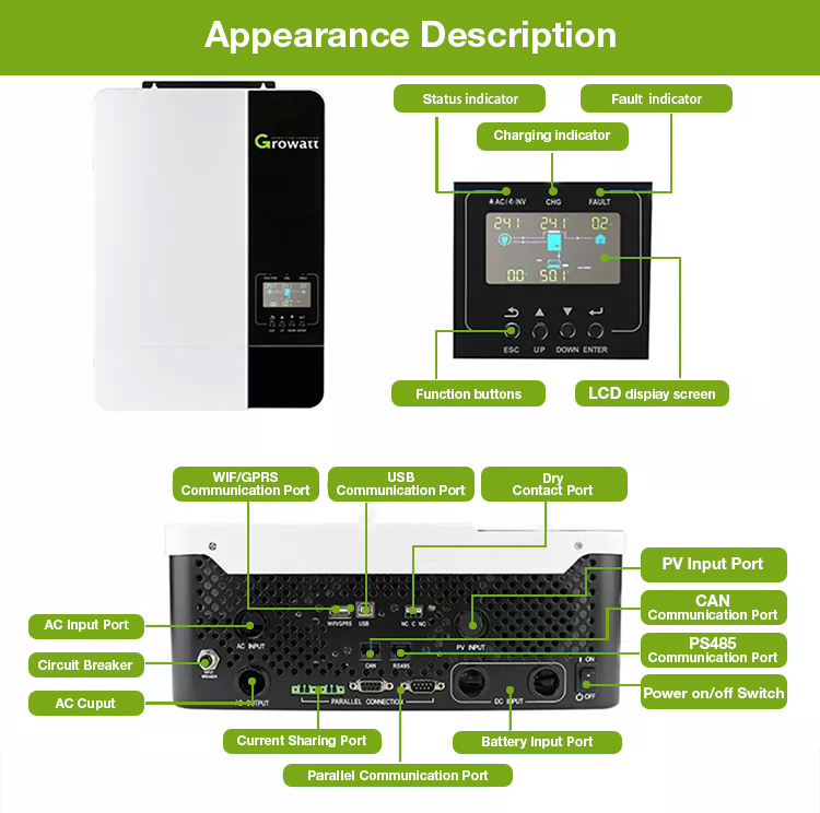 5kw 48v 5000es Mppt Solar Hybrid Inverter Growatt For Home Solar System