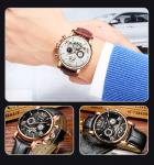 KINYUED J017-3 Gold Case Black Dial Leather Strap Complete Calendar Skeleton
