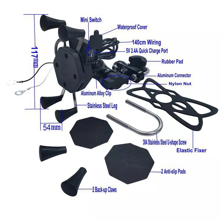 GPS 2.4A Aluminum ABS X Claw Motorcycle Phone Mount 0.6KG Weight