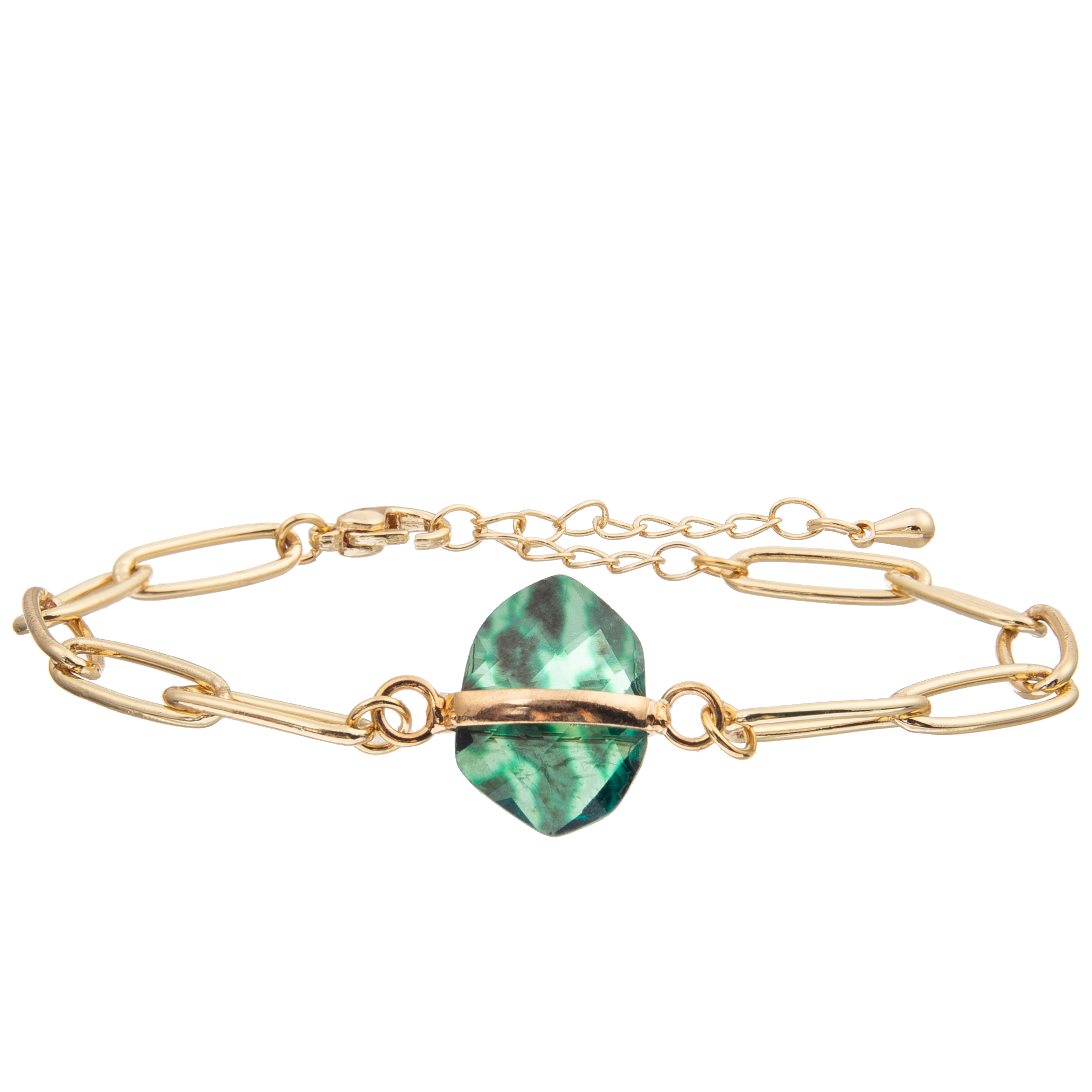 PaperClip Chain Link Bangle Bracelet Set With Gold Plated Faceted Turquoise