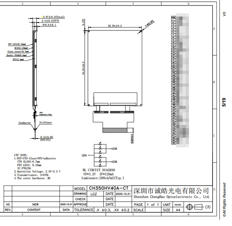 COG FPC TFT LCD Capacitive Touchscreen ILI9488 3.5in CTP 16 Bit RGB