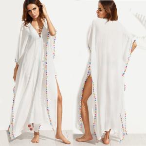 Wholesale Bohemian White Lace-up Long Summer Beach Cover Up Dress with Split from china suppliers